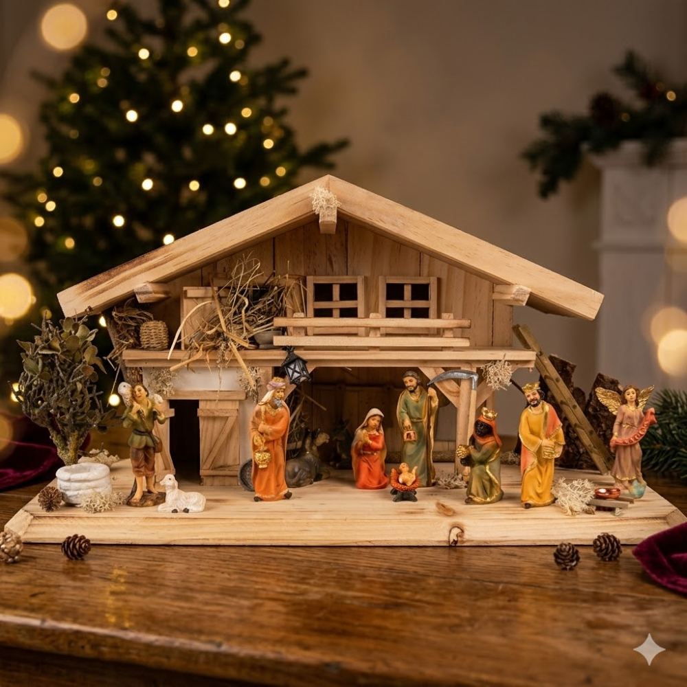 Traditionelle Weihnachtskrippe Roth inkl. 12-tlg. Figurensatz K 650-9, Maße Krippe: ca. 50 x 20 x 26 cm